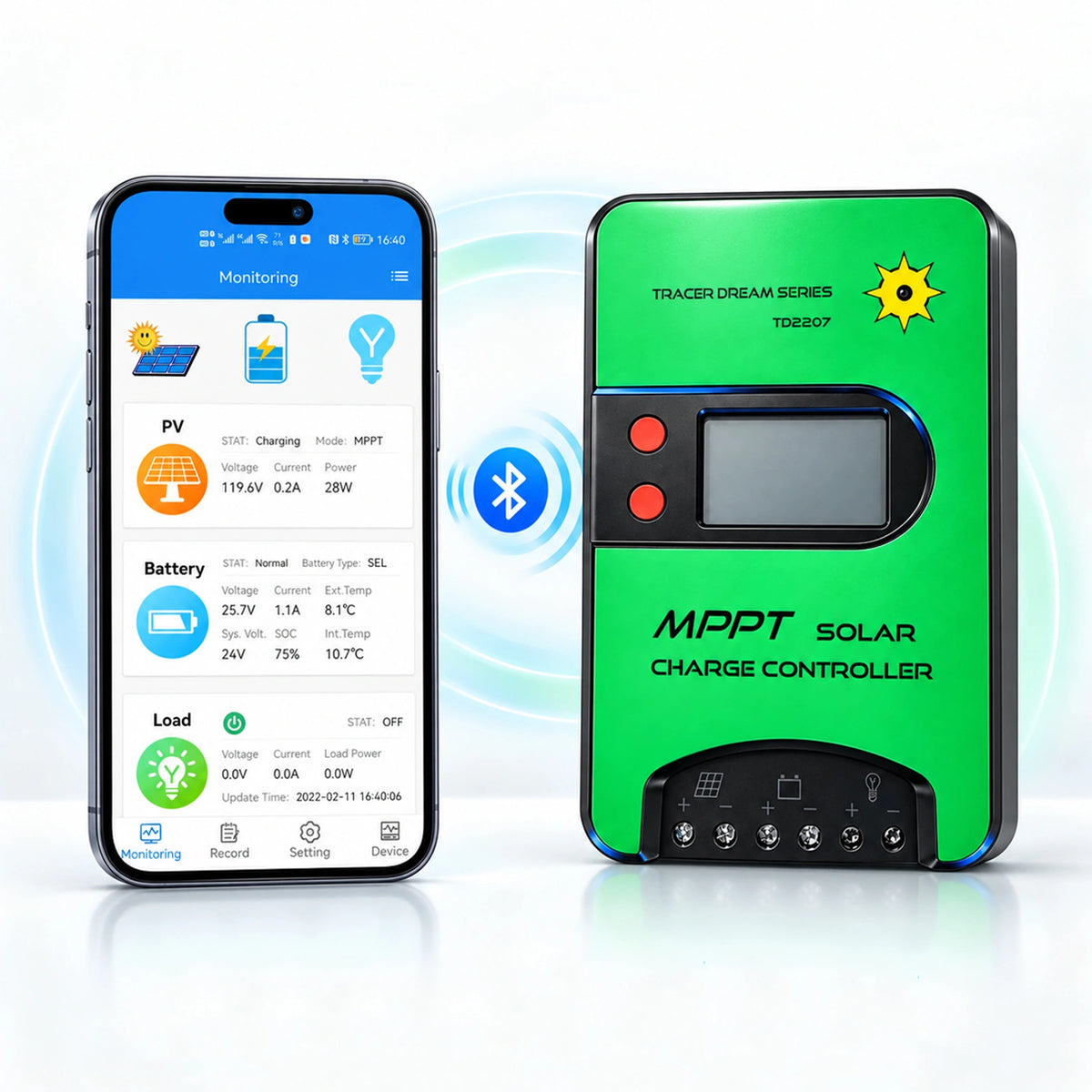 Smartphone app interface showing real-time solar charging data via Bluetooth connection