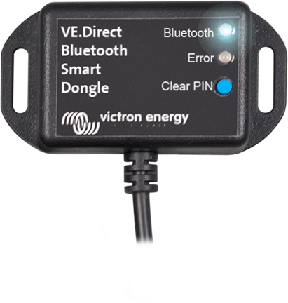 Close-up of the VE Direct Bluetooth dongle status LEDs and Clear PIN reset button