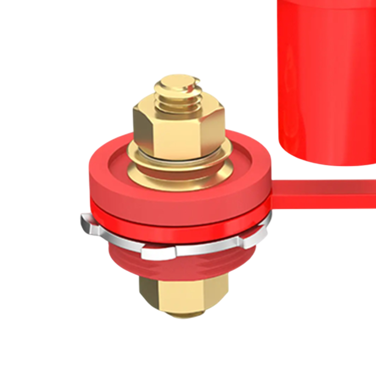 Close-up of brass M10 terminal stud and serrated locking washer on red insulated base