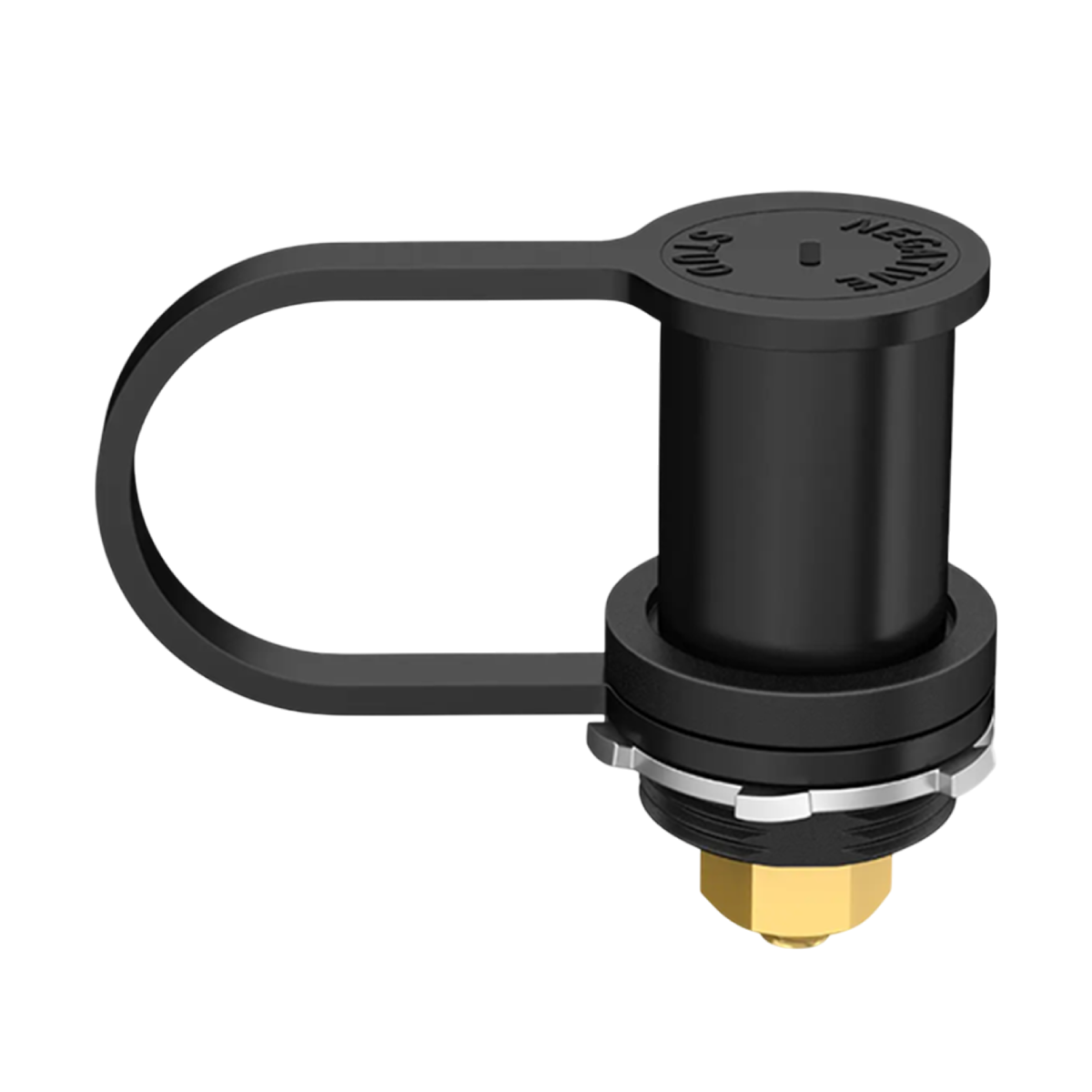 Black bulkhead battery post with protective cap secured and labeled negative