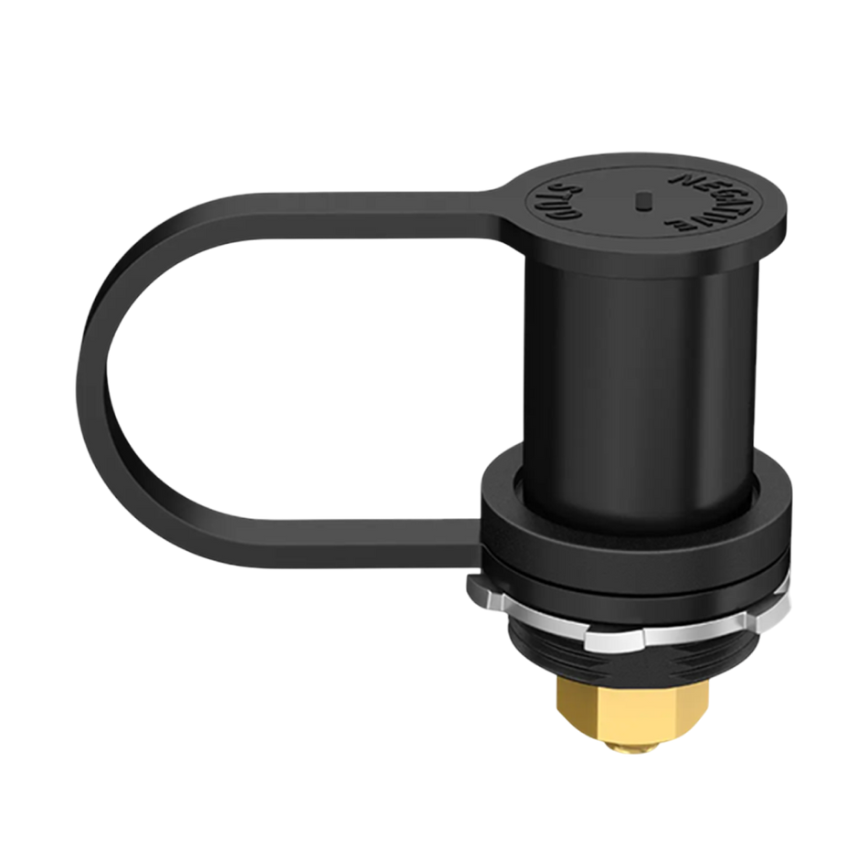 Black bulkhead battery post with protective cap secured and labeled negative