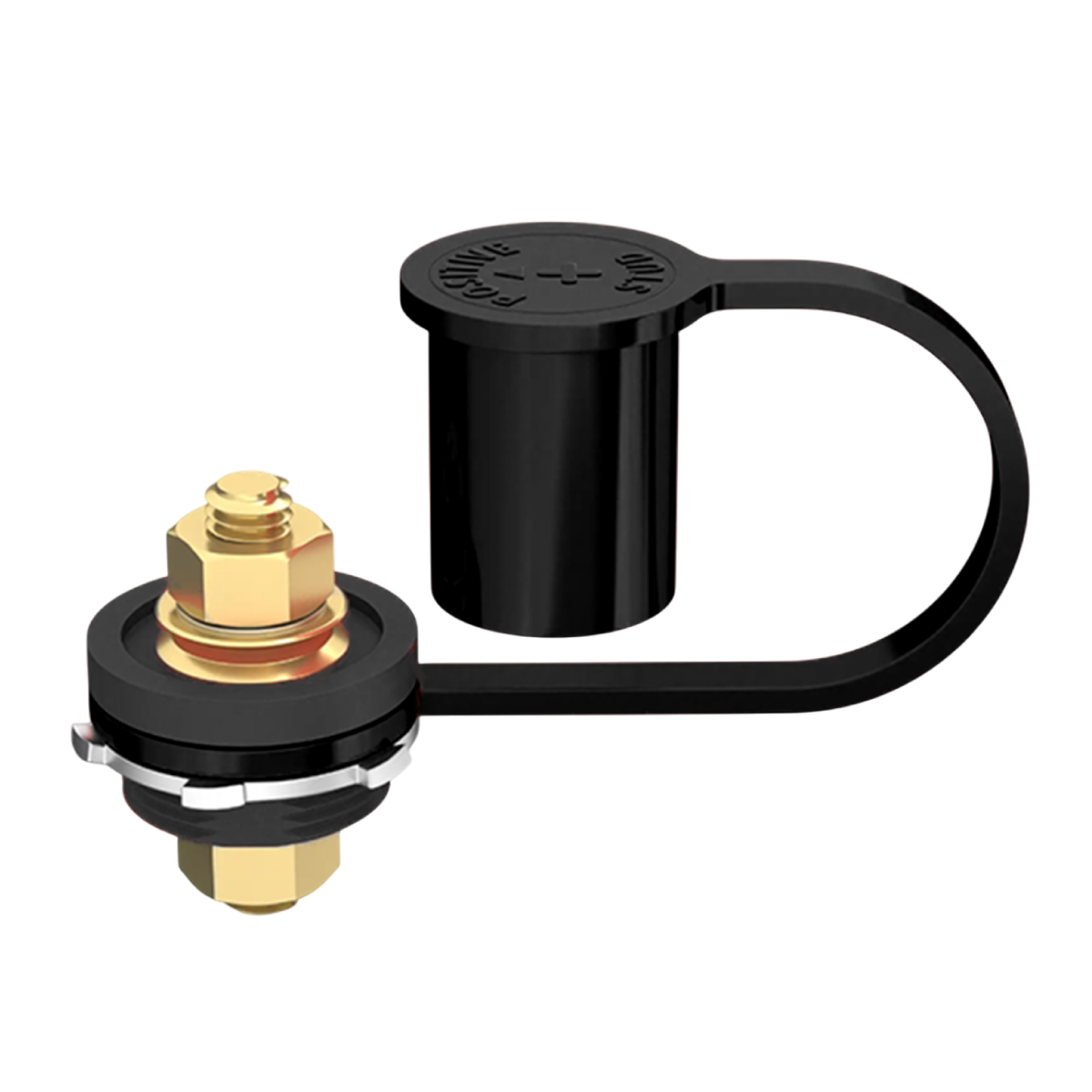 Exotronic bulkhead battery post with exposed M10 stud and black cap labeled positive