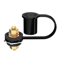 Exotronic bulkhead battery post with exposed M10 stud and black cap labeled positive