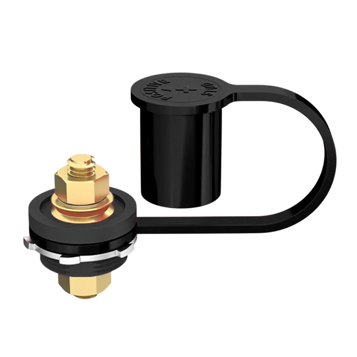 Exotronic bulkhead battery post with exposed M10 stud and black cap labeled positive