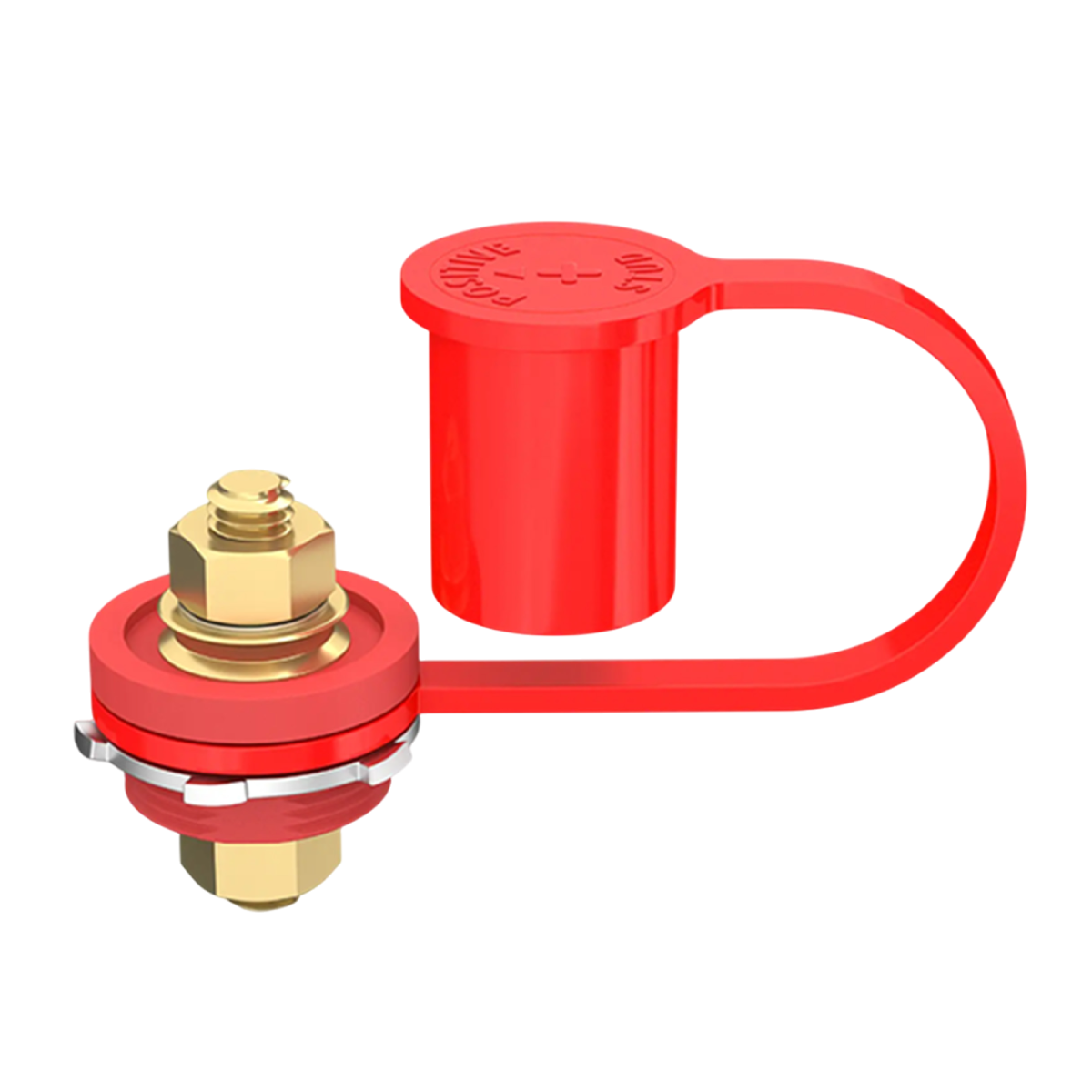 Red bulkhead battery post with M10 stud and open protective boot showing brass terminals and locking washer