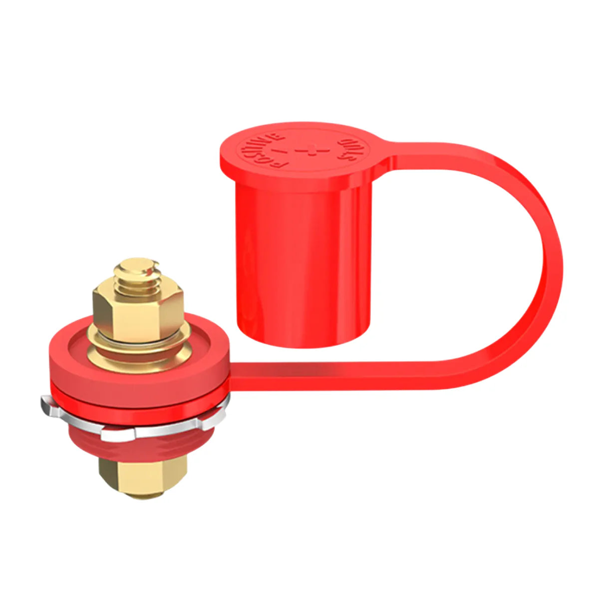 Red bulkhead battery post with M10 stud and open protective boot showing brass terminals and locking washer