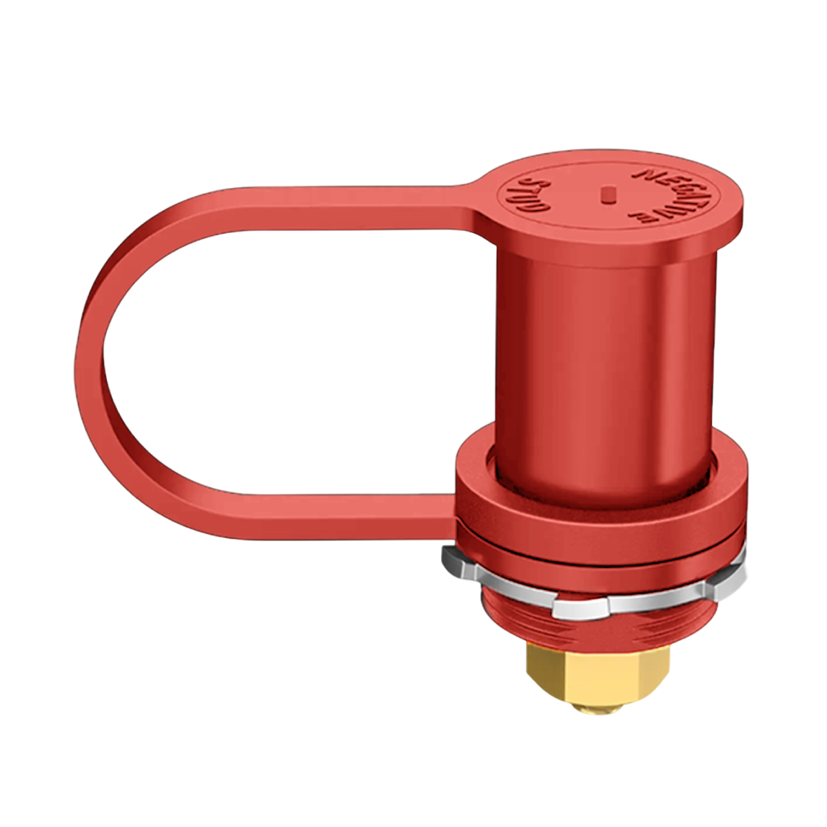 Red bulkhead battery post with protective boot closed covering the terminal