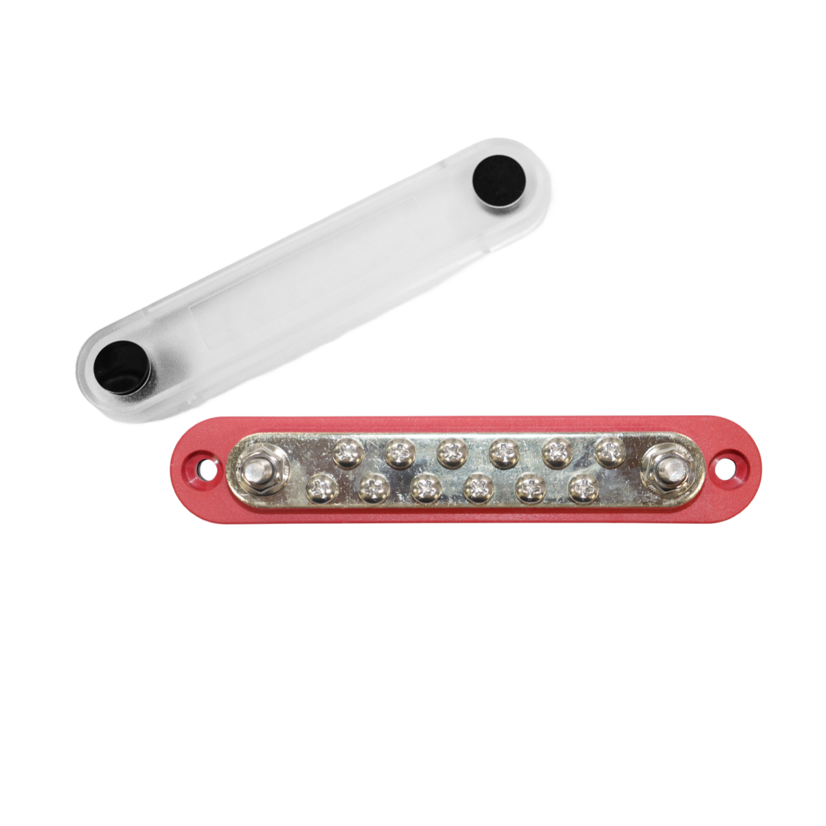Red 150A busbar and clear cover showing 12 screw terminals and 2 studs