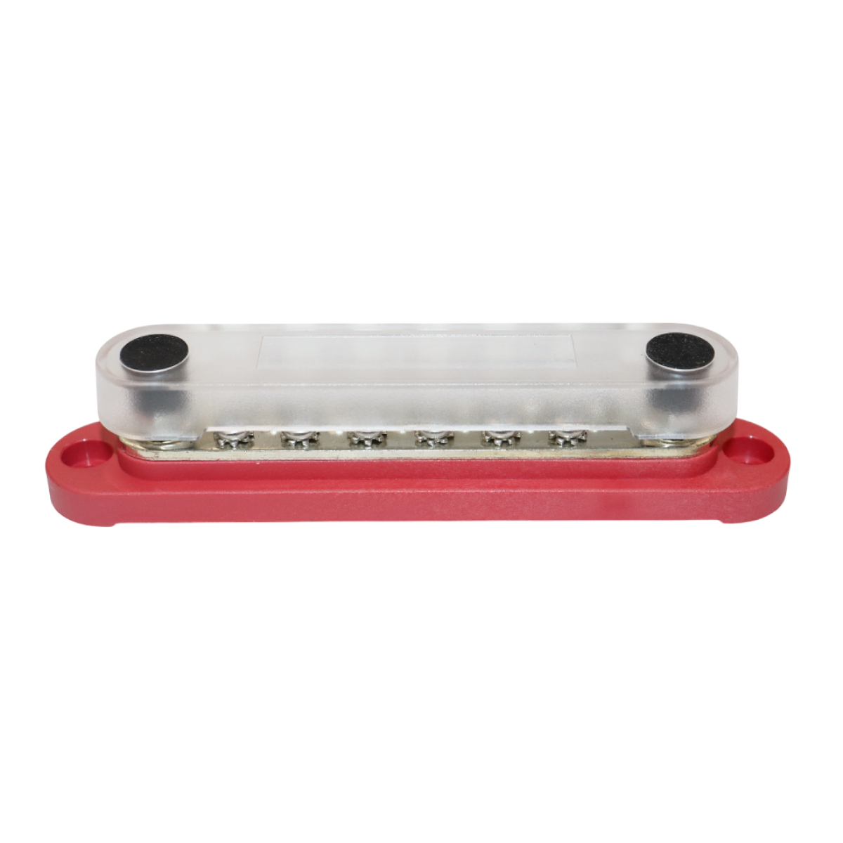 Red 150A busbar with clear polycarbonate cover installed for circuit protection