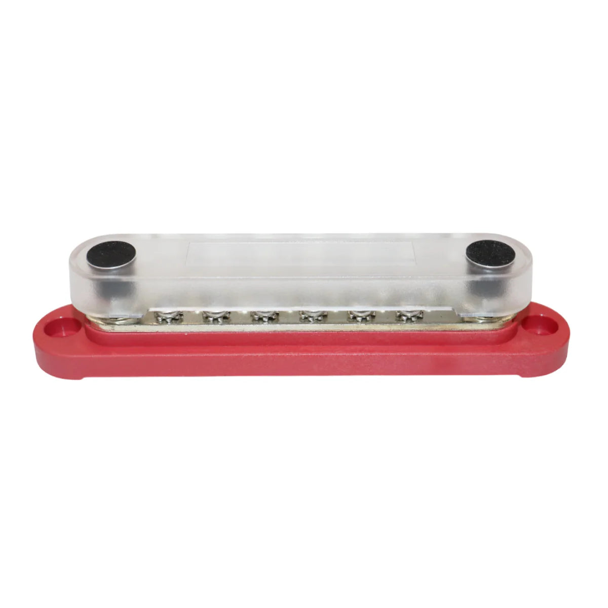 Red 150A busbar with clear polycarbonate cover installed for circuit protection