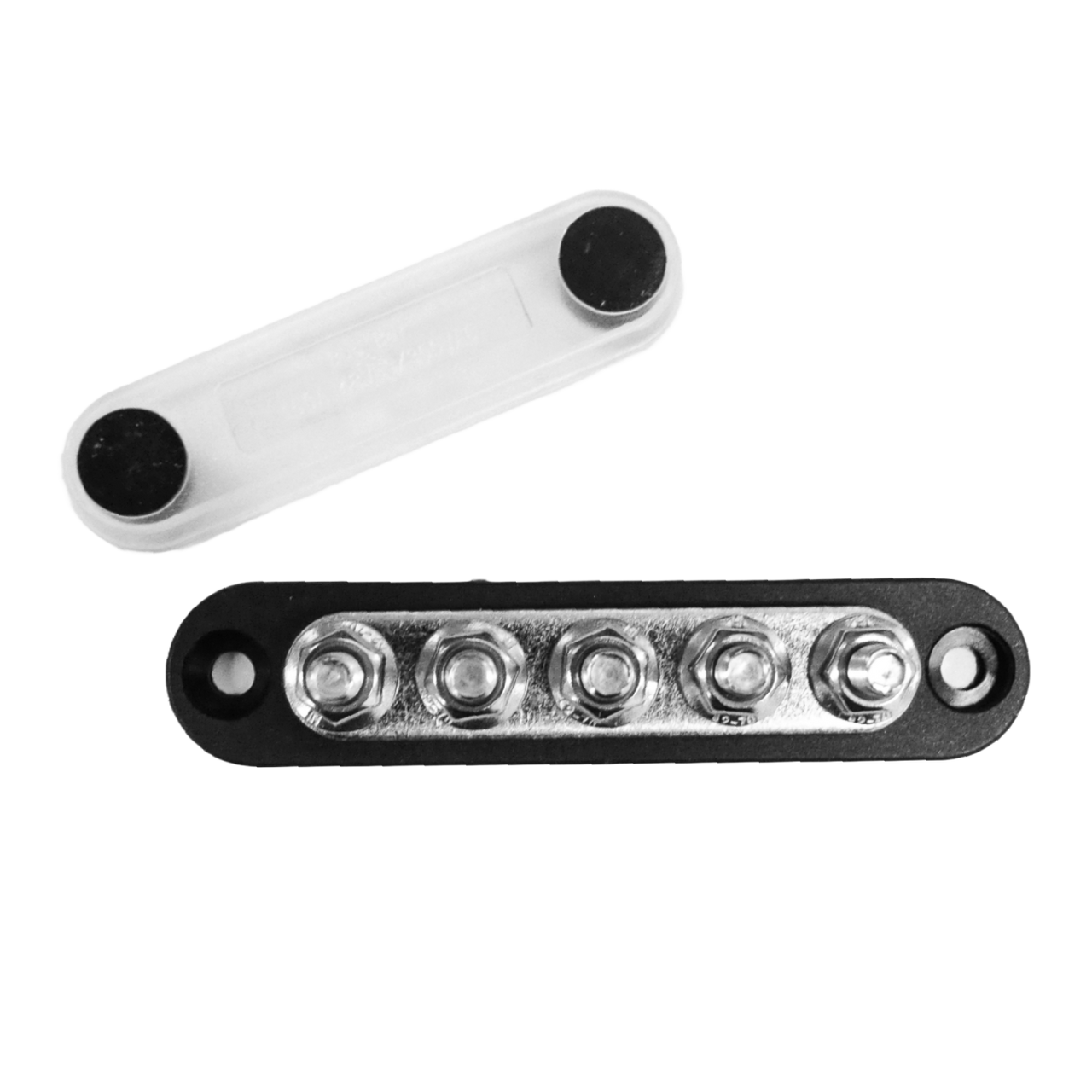 Overhead view of black busbar with five M6 studs and separate clear protective cover