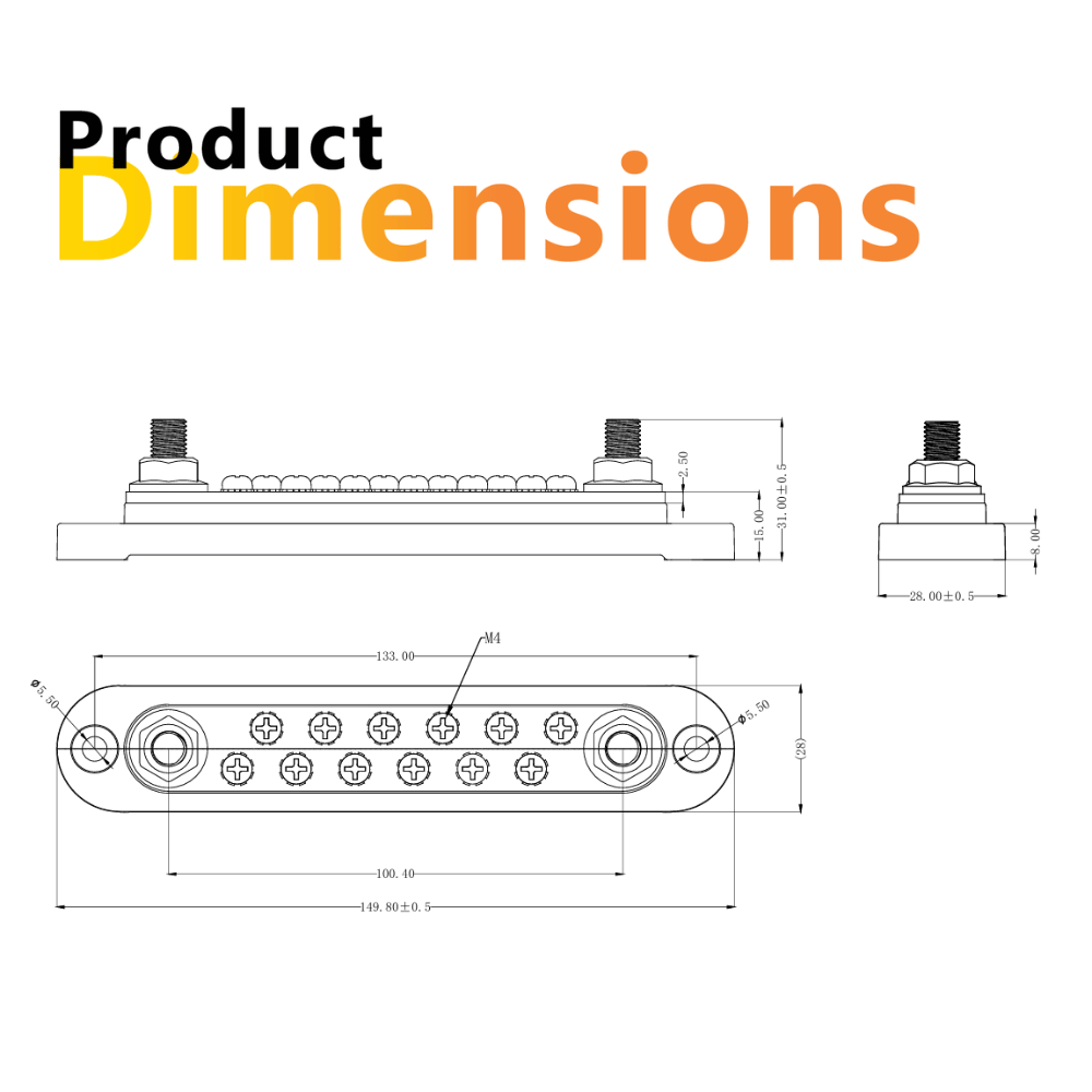 Technical drawing showing busbar length of 149.8mm and mounting centers