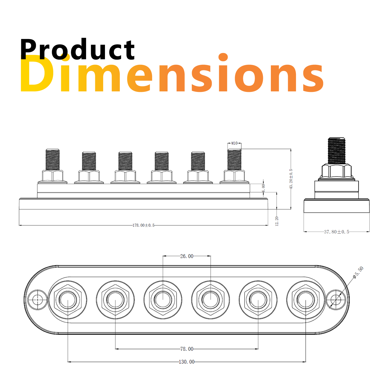 Dimensional drawing of 6-point busbar with length and width measurements in millimetres