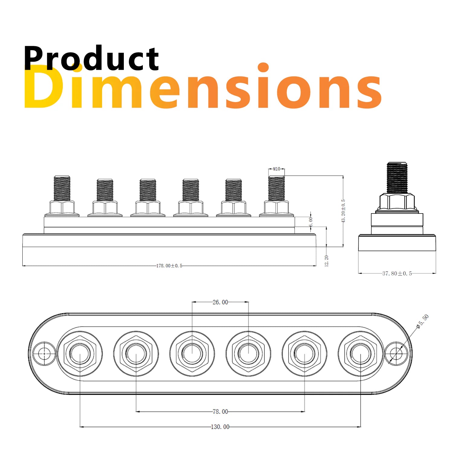 Dimensional drawing of 6-point busbar with length and width measurements in millimetres