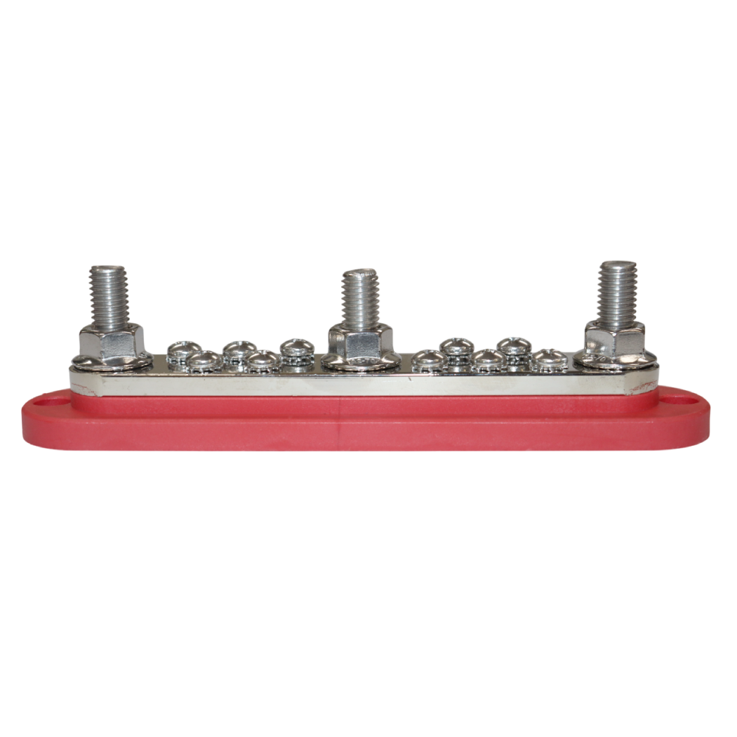 Side profile of red busbar displaying the height of the stainless steel M10 studs