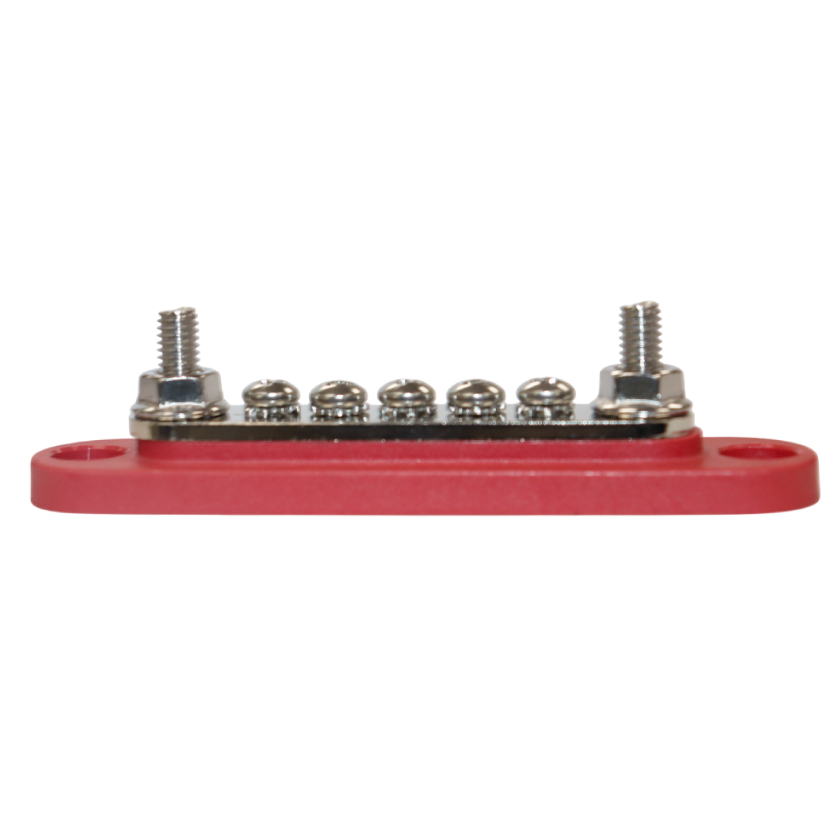 Side profile of red busbar showing height difference between M6 studs and screw terminals
