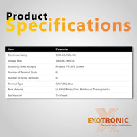Technical specifications table for Exotronic 150A M6 busbar
