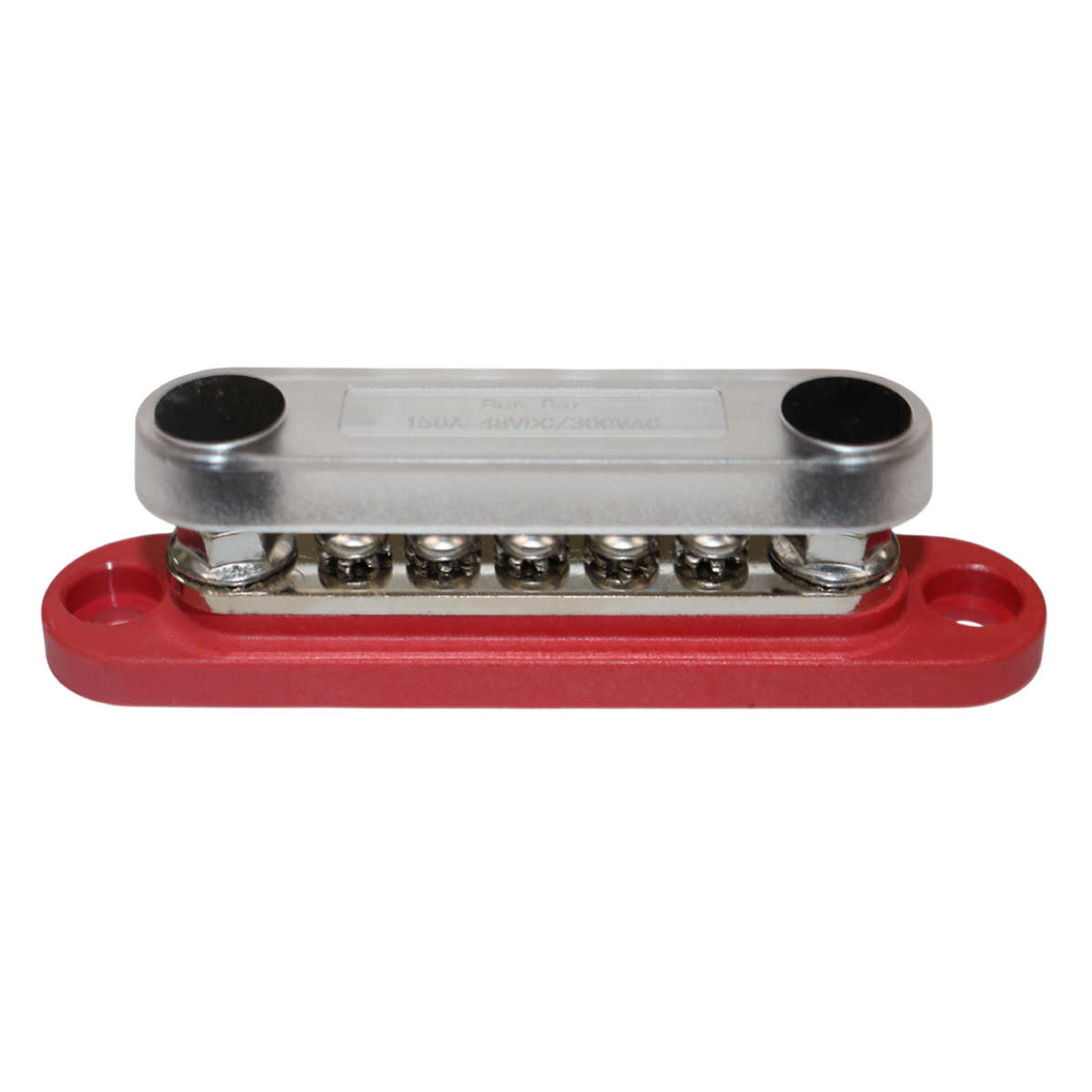 Red 150A busbar with transparent safety cover installed over terminals