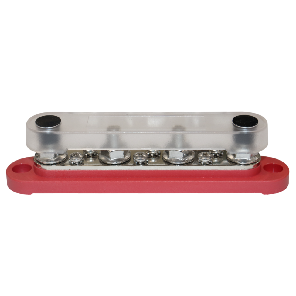 Red busbar with clear protective cover installed over the terminals