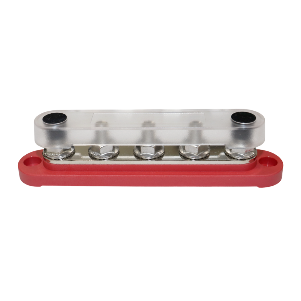 Red busbar with clear polycarbonate cover installed protecting terminals