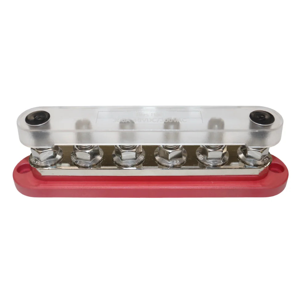 Perspective view of 300A busbar with transparent cover installed over six terminals