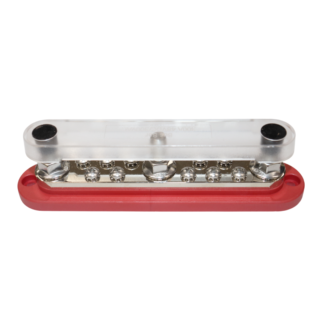 Red 300A busbar with the clear polycarbonate protective cover snapped into place