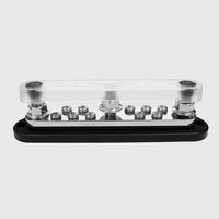 Angled view of 300A busbar with clear polycarbonate cover installed
