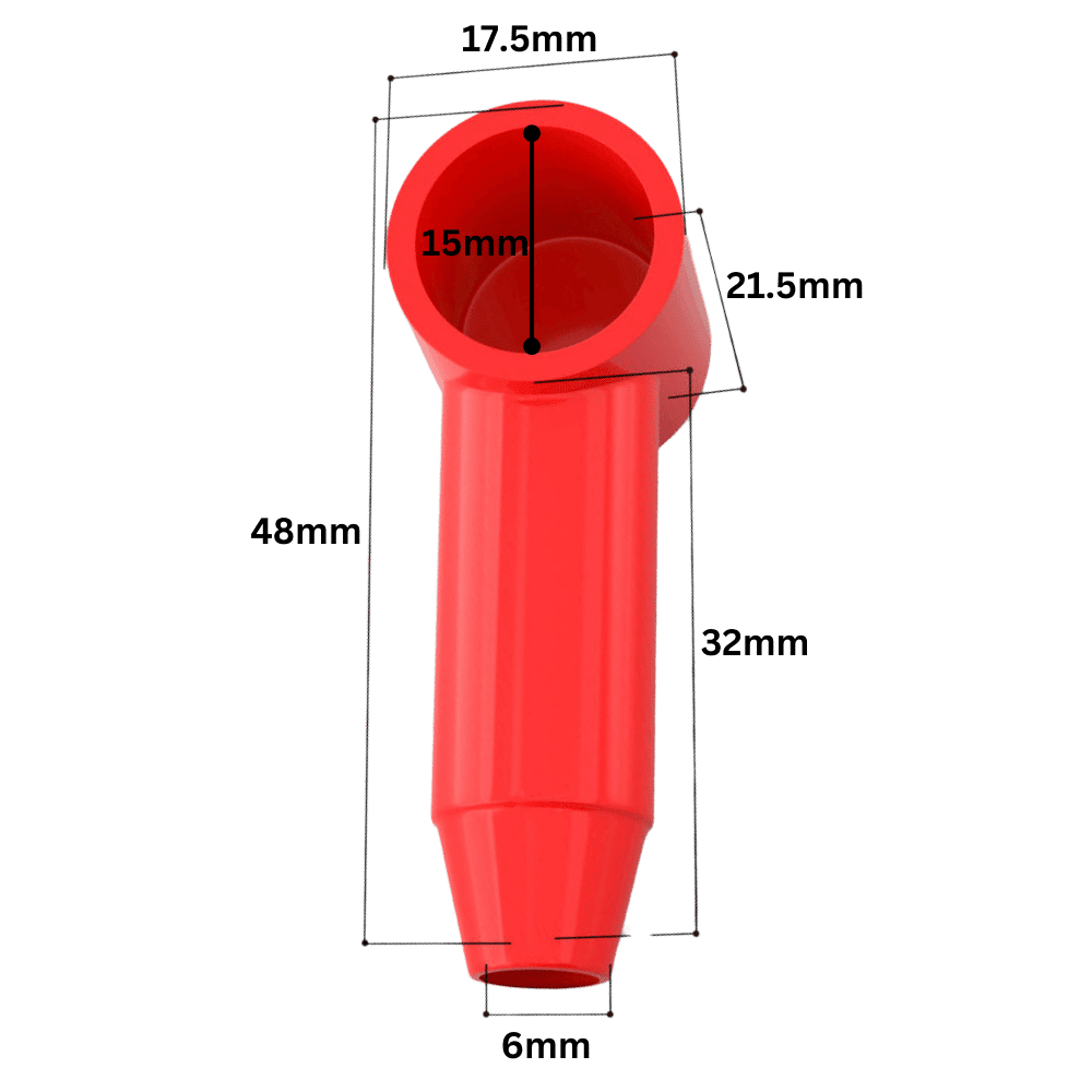 Technical dimensional drawing of red cable cover showing length, width and diameter measurements