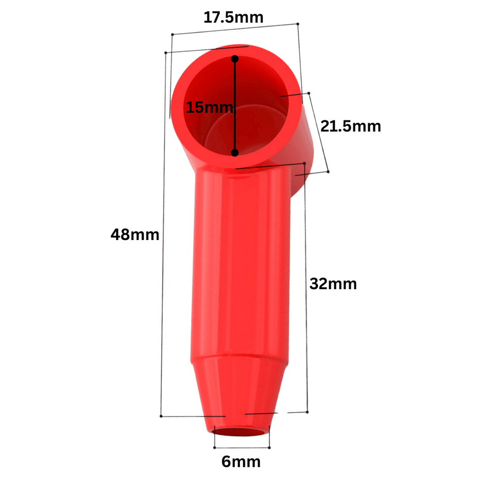 Technical dimensional drawing of red cable cover showing length, width and diameter measurements