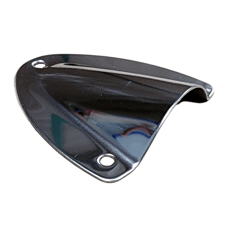 Angled side view of stainless steel cable cover showing raised profile and open back