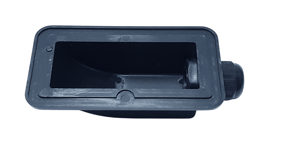 Underside of black cable entry box revealing hollow cavity and internal locking nut