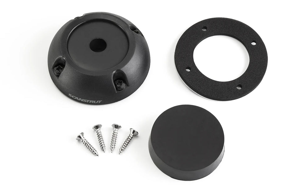 Components of the black cable seal including housing, mounting screws, gasket and rubber bung