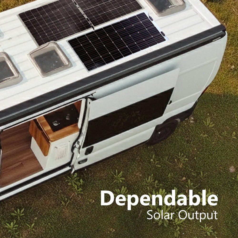 Flexible solar panels mounted on the white roof of a campervan