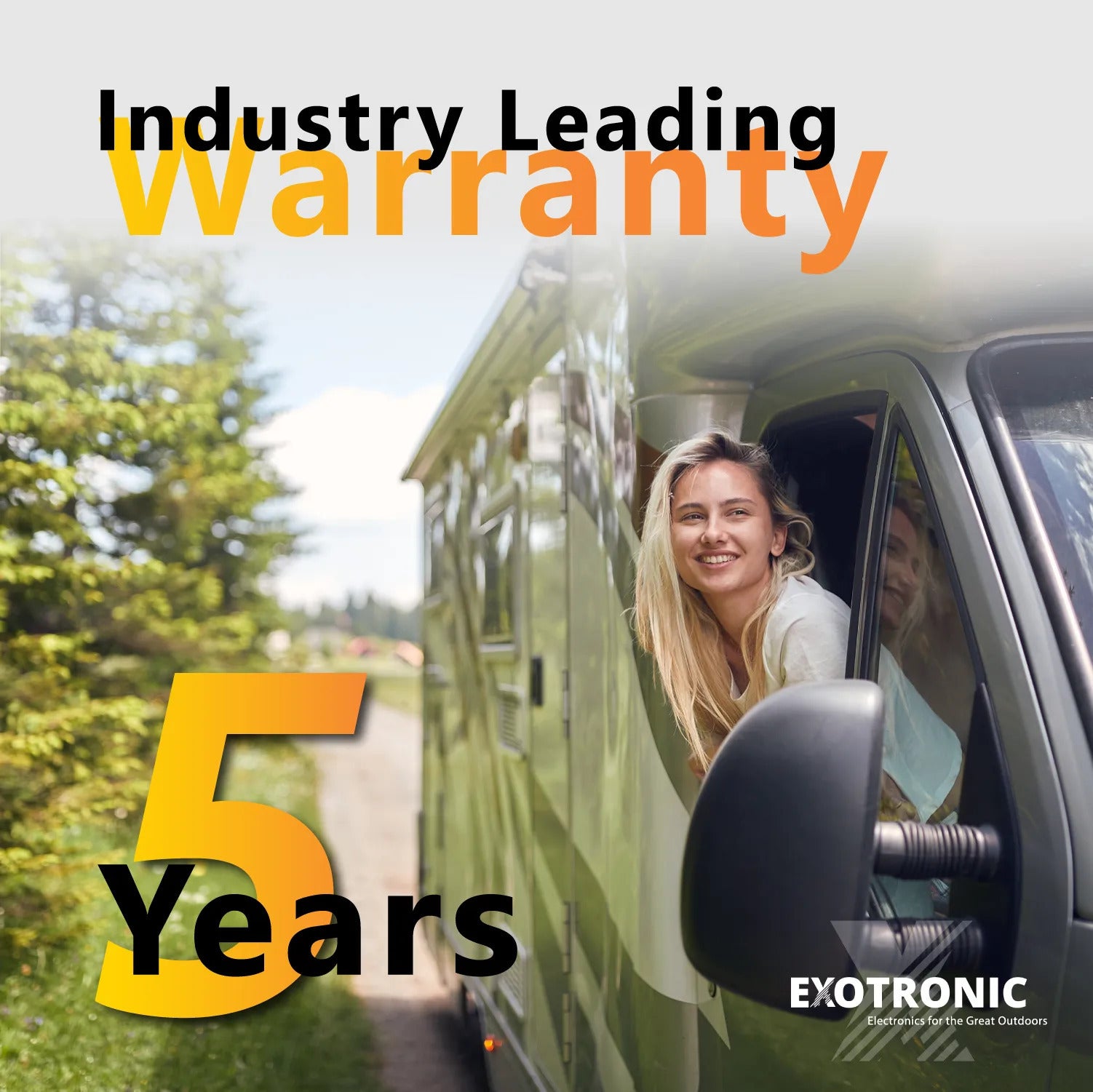 Woman looking out of a green campervan window with 5-year warranty text overlay