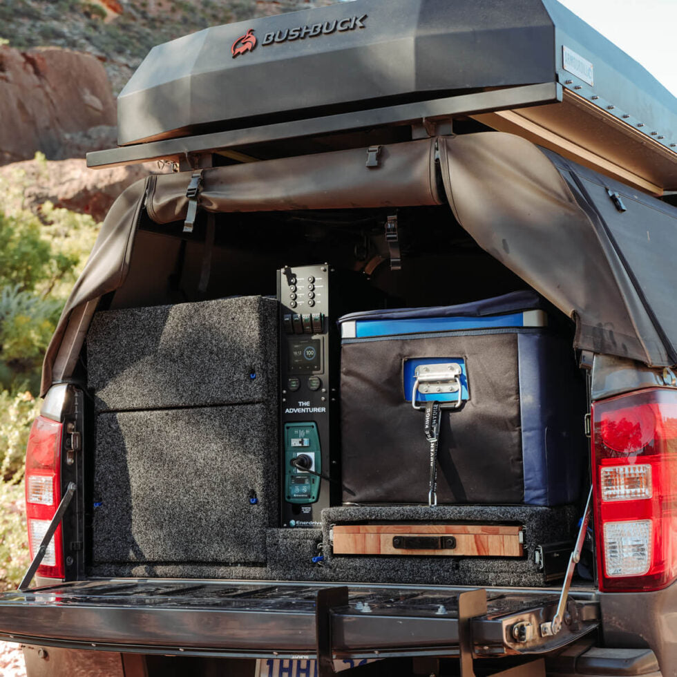 Enerdrive Adventurer power system installed in a 4x4 canopy next to a portable fridge