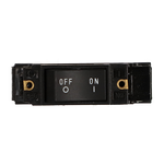 Front view of a black rocker-style circuit breaker with white ON and OFF text indicators and side mounting holes