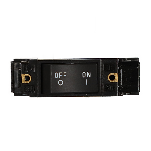 Front view of a black rocker-style circuit breaker with white ON and OFF text indicators and side mounting holes