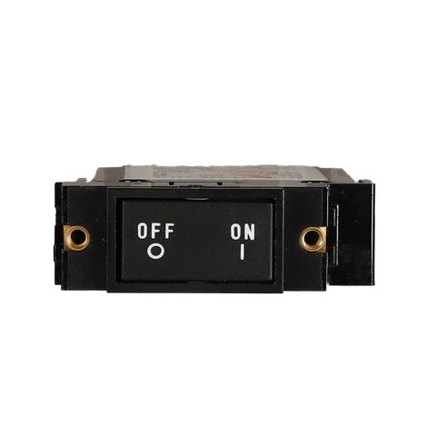 Front view of Carling A Series flat circuit breaker with black ON/OFF rocker switch