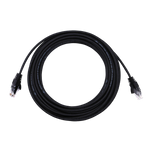 Coiled black 10m Ethernet patch cable with RJ45 connectors and visible specification text