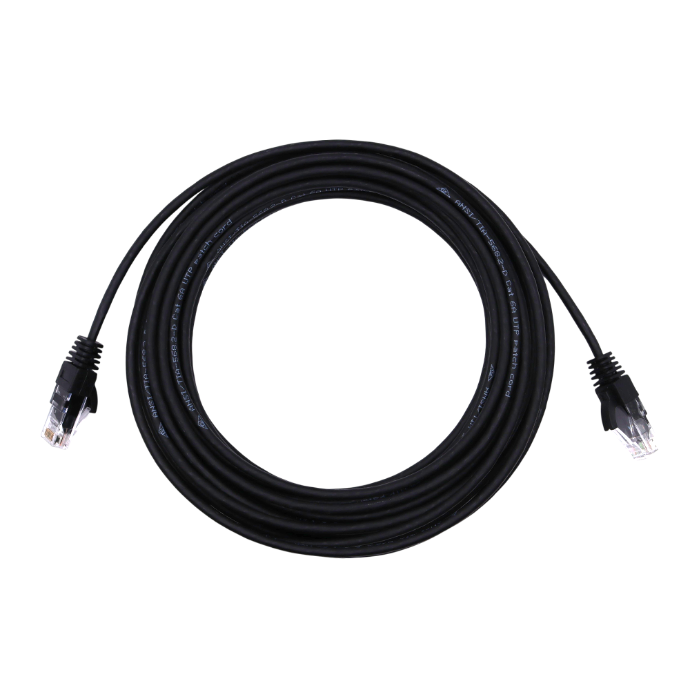 Coiled black 10m Ethernet patch cable with RJ45 connectors and visible specification text