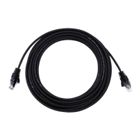 Coiled black 10m Ethernet patch cable with RJ45 connectors and visible specification text