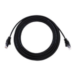 Coiled black 10m Ethernet patch cable with RJ45 connectors and visible specification text