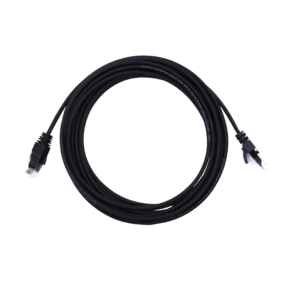 Top-down view of coiled black Cat6 UTP ethernet patch cable showing both RJ45 connectors