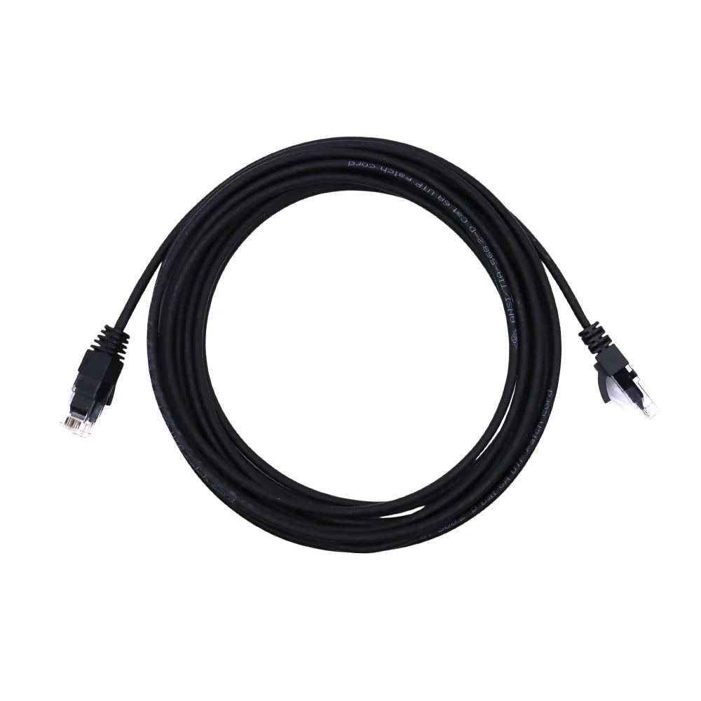 Top-down view of coiled black Cat6 UTP ethernet patch cable showing both RJ45 connectors