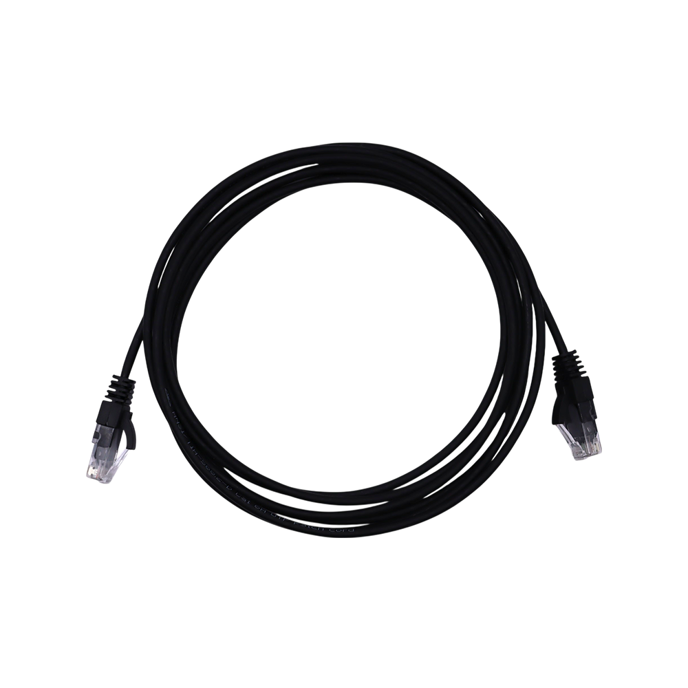 Coiled black 3m Cat6 UTP ethernet cable with RJ45 connectors facing forward against a white background