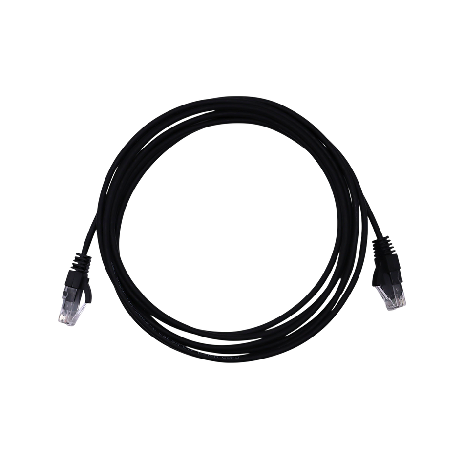 Coiled black 3m Cat6 UTP ethernet cable with RJ45 connectors facing forward against a white background