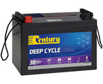 Century 12V 105Ah deep cycle AGM battery front view with rope handles and red positive terminal