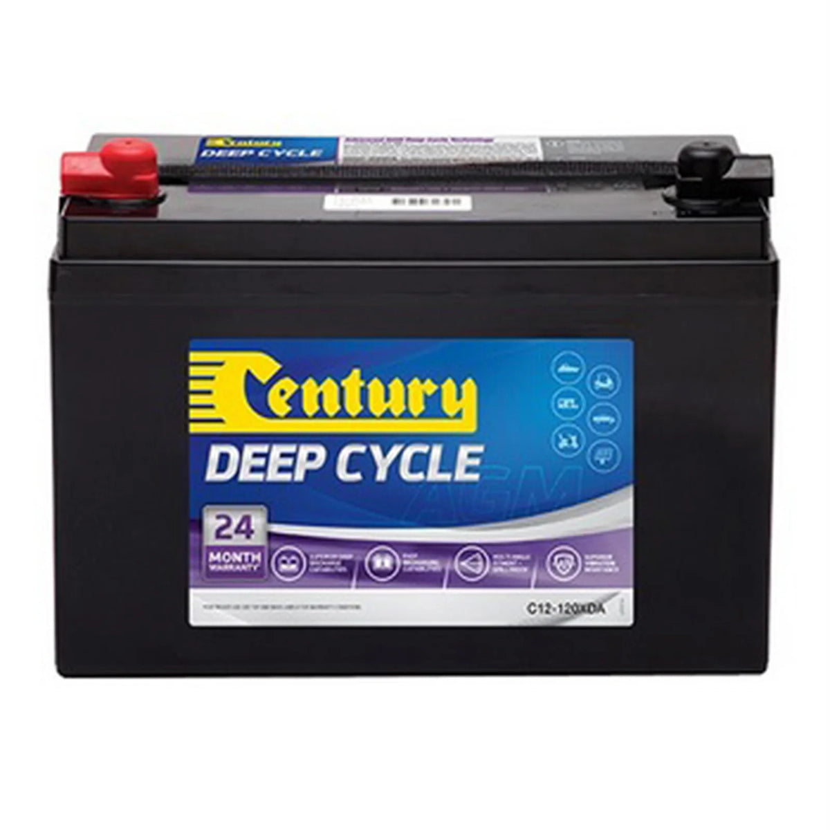 Century 12V 105Ah Deep Cycle AGM battery with black casing and protective terminal covers