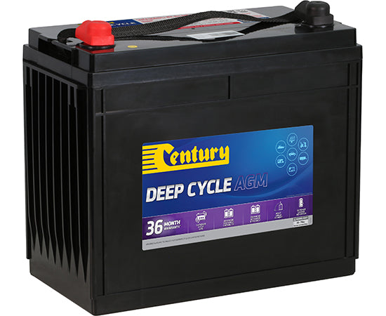 Angled view of black 12V AGM deep cycle battery with red positive terminal, carry handle and ribbed side casing