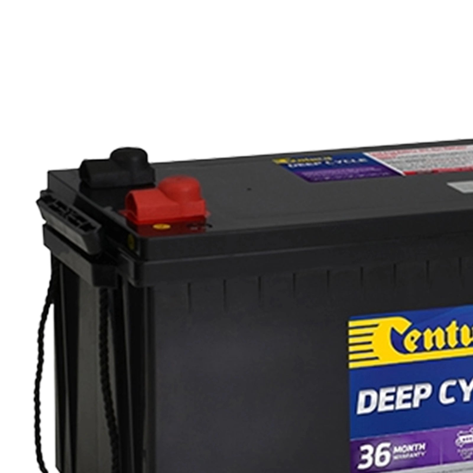 Century 12V 165Ah AGM deep cycle battery showing terminals with protective covers and rope carry handles